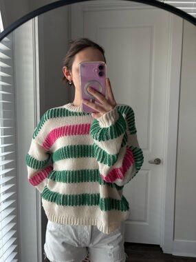 Striped Crewneck Sweater in White with Green & Pink